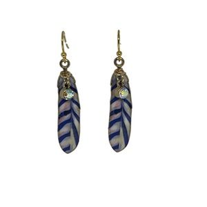 Blue & White Feather Crystal Dangle Earrings - Gold Tone Enamel - Hypoallergenic